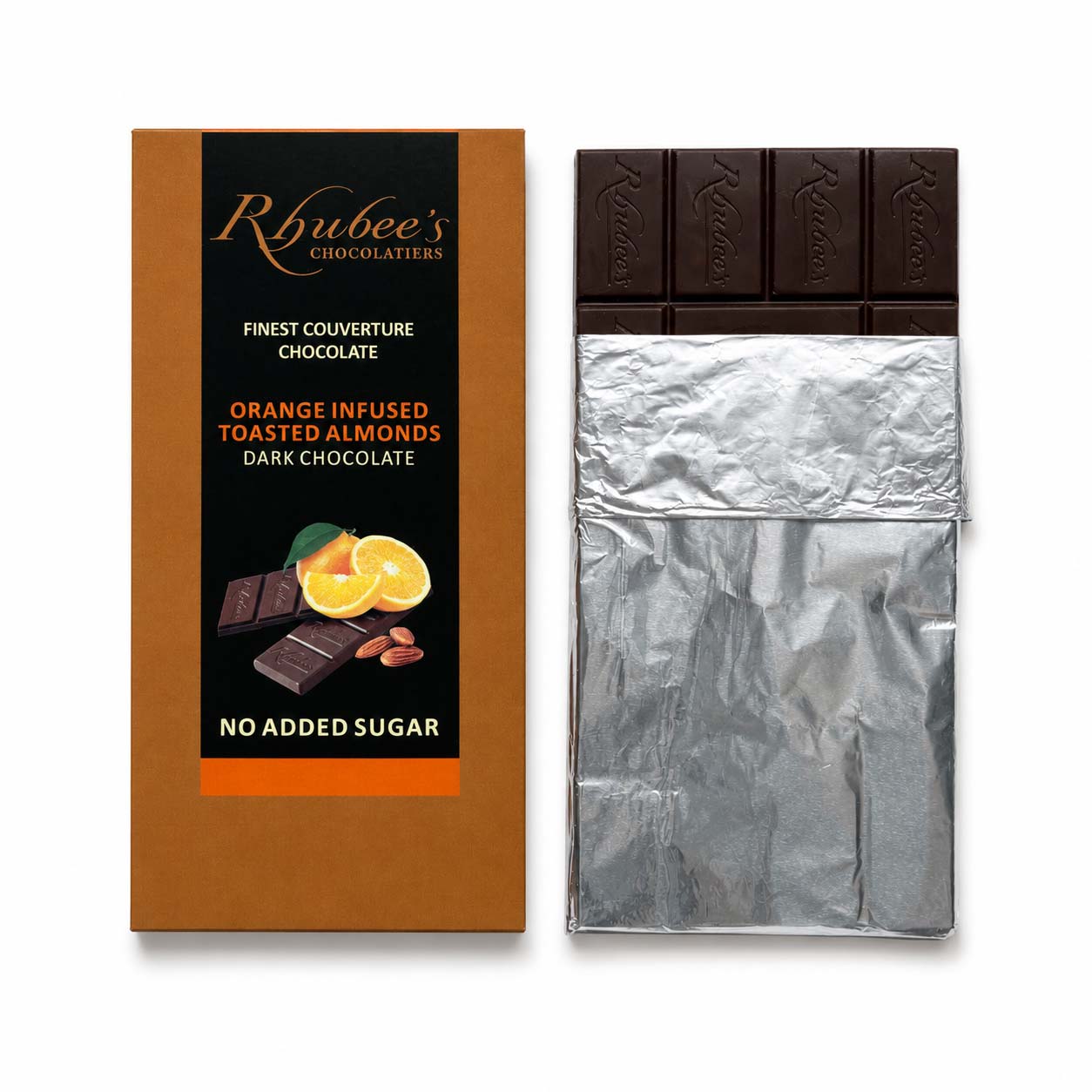 dark orange chocolate bar with foil rolled down
