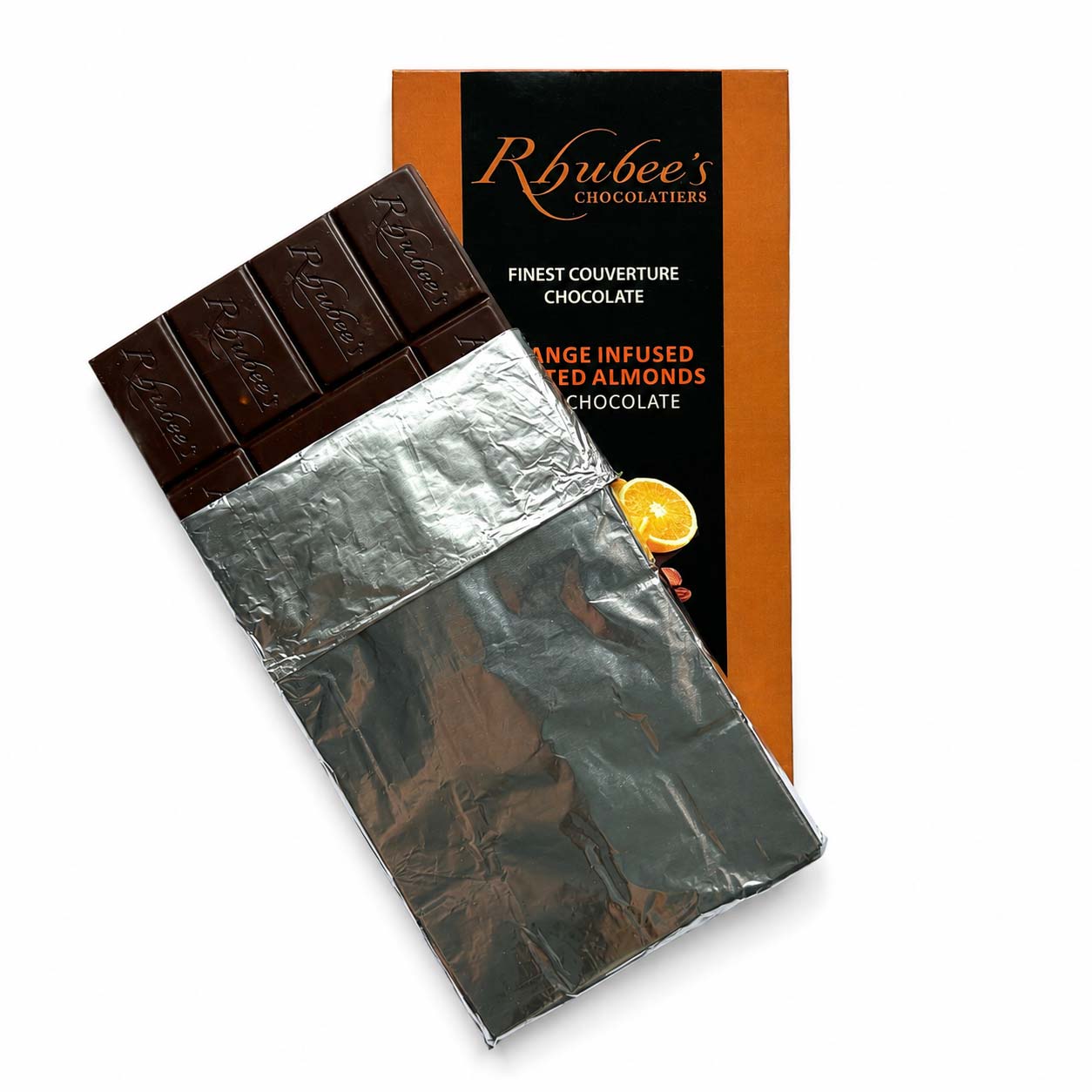 dark orange chocolate bar angled on box