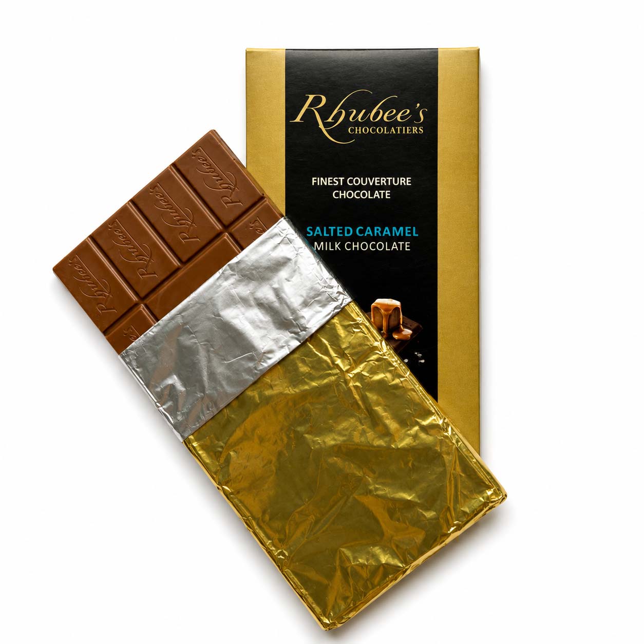 milk salted caramel chocolate bar angled on box