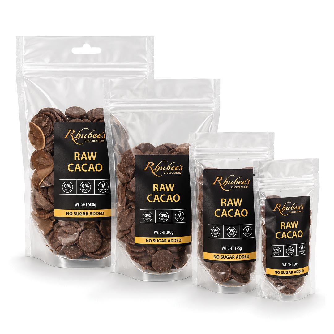 raw cacao in 4 different size bags